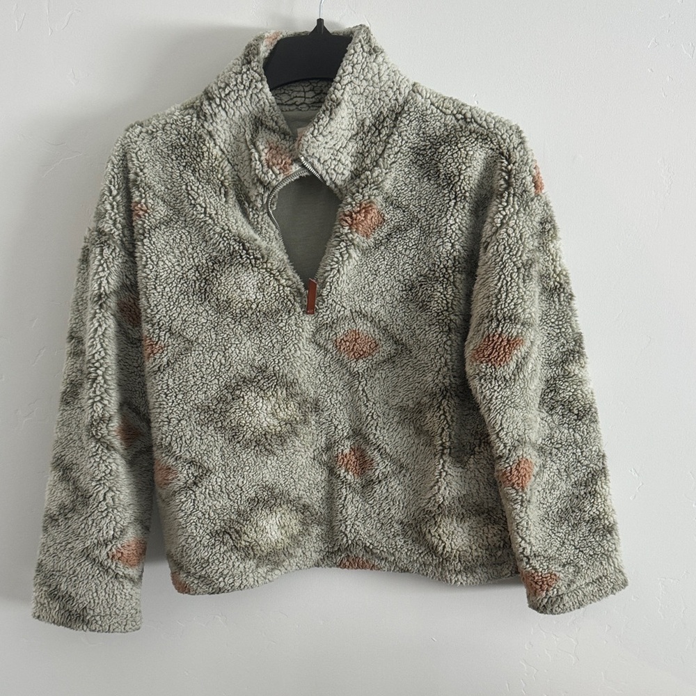 Cozy Sherpa Pullover Jacket in Sage w Rust Diamond Accents